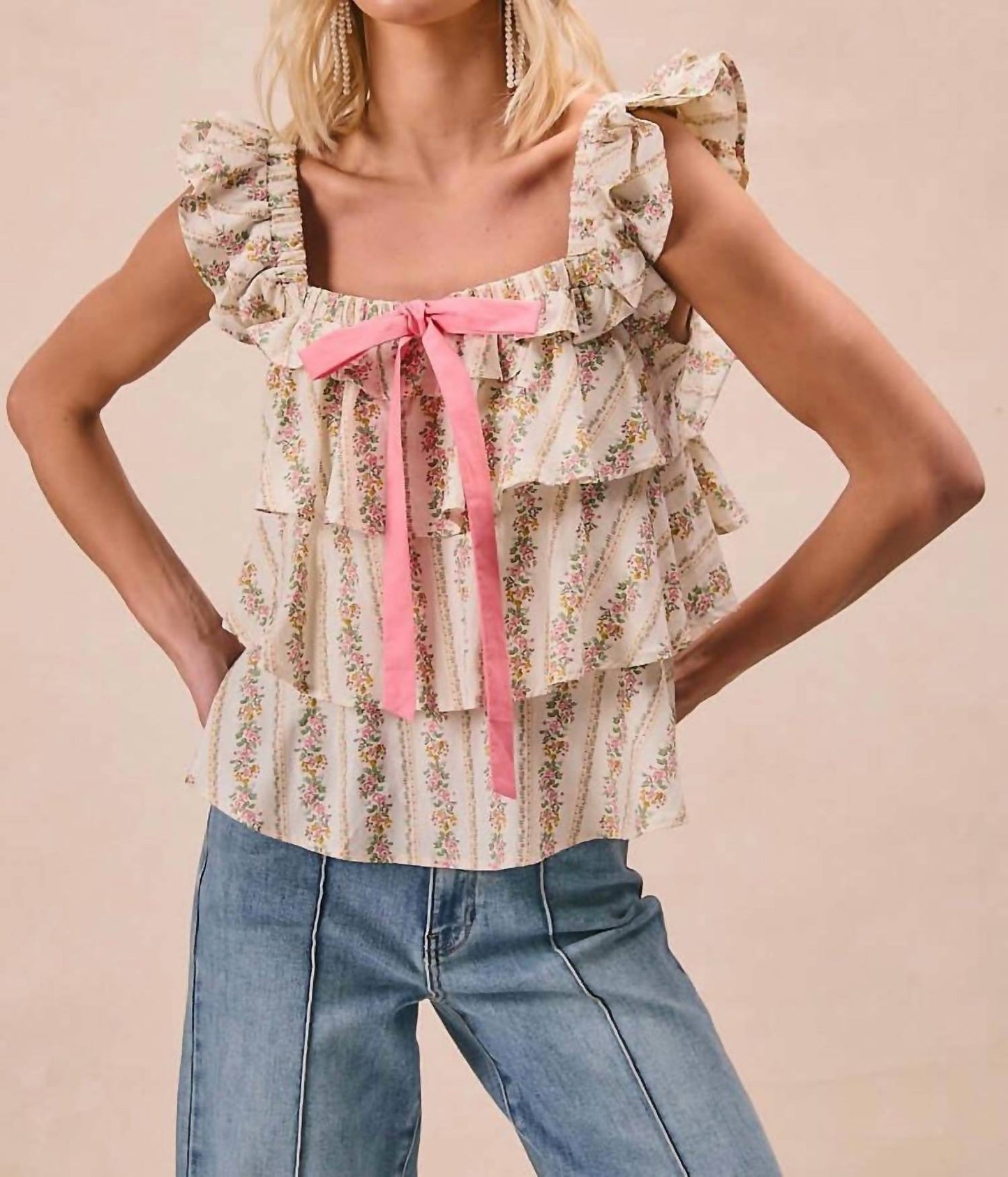 Bibi - Floral Print With Bow And Ruffle Square Neck Blouse