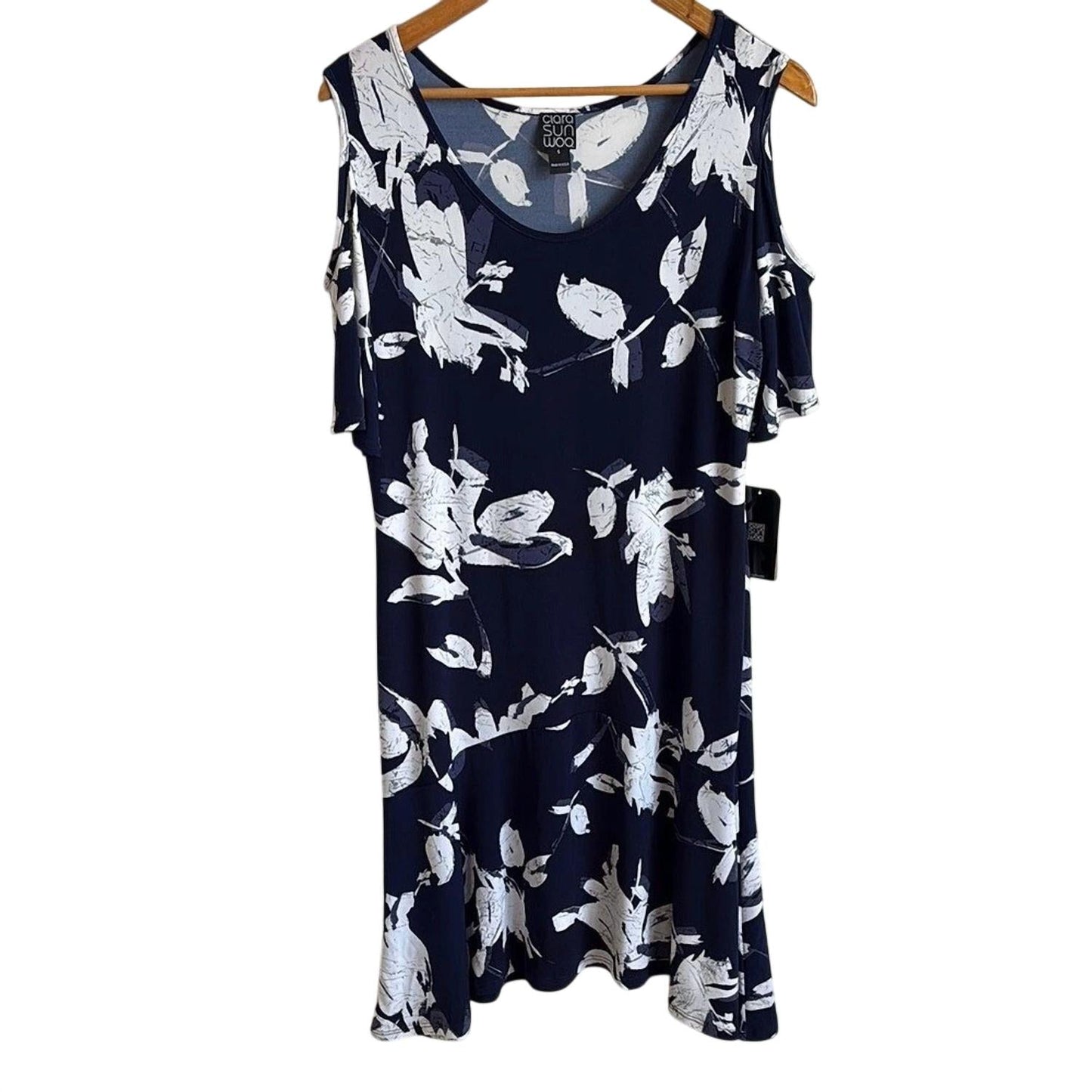 Clara Sun Woo - Vestido feminino com decote redondo e estampa floral e ombros descobertos