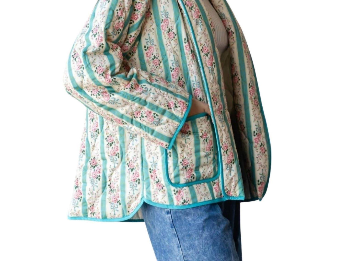 Veveret - Quilted Stripe Flower Open Jacket
