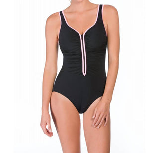 Reebok - Maiô com decote redondo e zíper frontal franzido e contorno Zip Tide