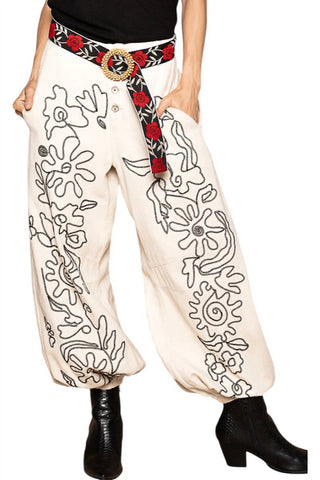 Pol - Calça de sarja lisa com padrão floral bordado