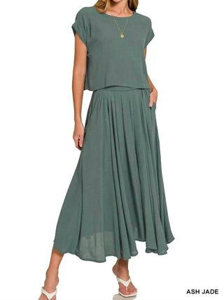 Zenana - Woven Crinkle Gauze Crop Tee And Skirt Set