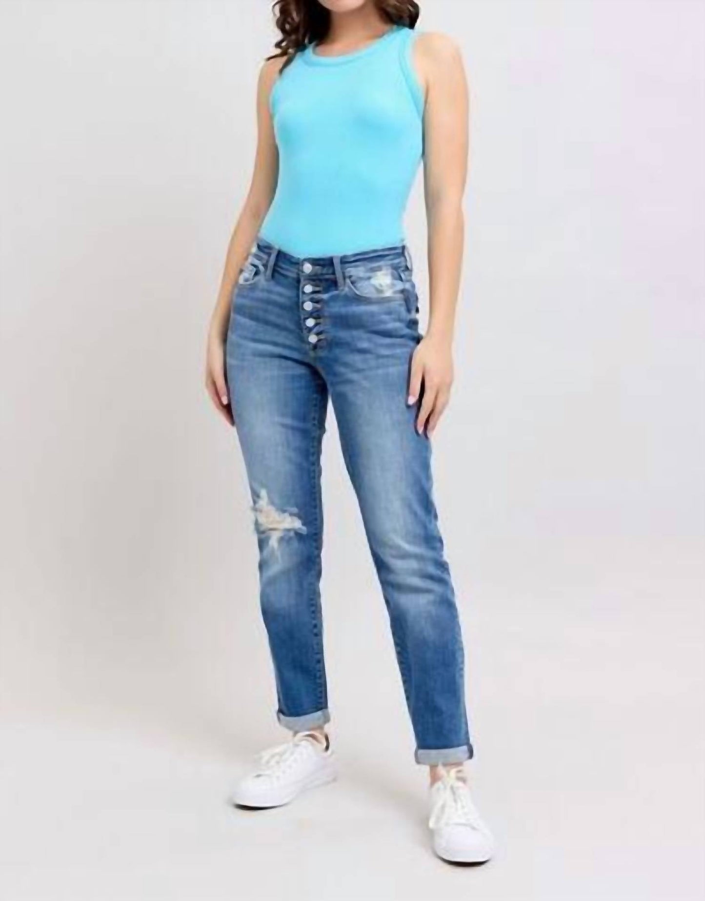 Judy Blue - Mid Rise Button Fly Distressed Boyfriend Jeans