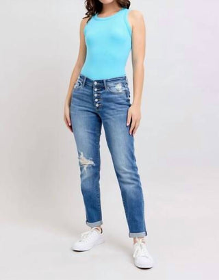 Judy Blue - Mid Rise Button Fly Distressed Boyfriend Jeans