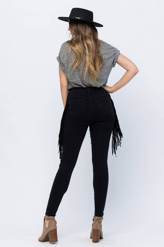 Judy Blue - Calça jeans skinny jegging com franjas laterais e cintura alta