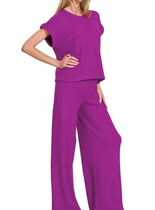 Trendsi - Conjunto de blusa e calça Zenana com mangas dobradas