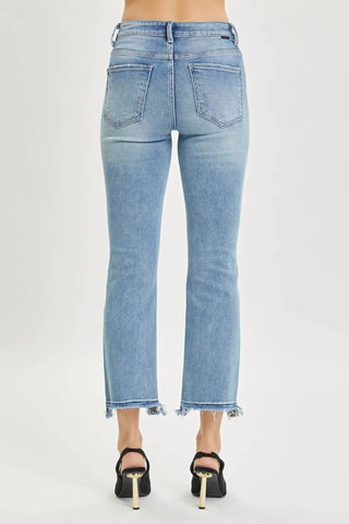 Risen - Calça jeans reta cropped desgastada de cintura alta tamanho grande