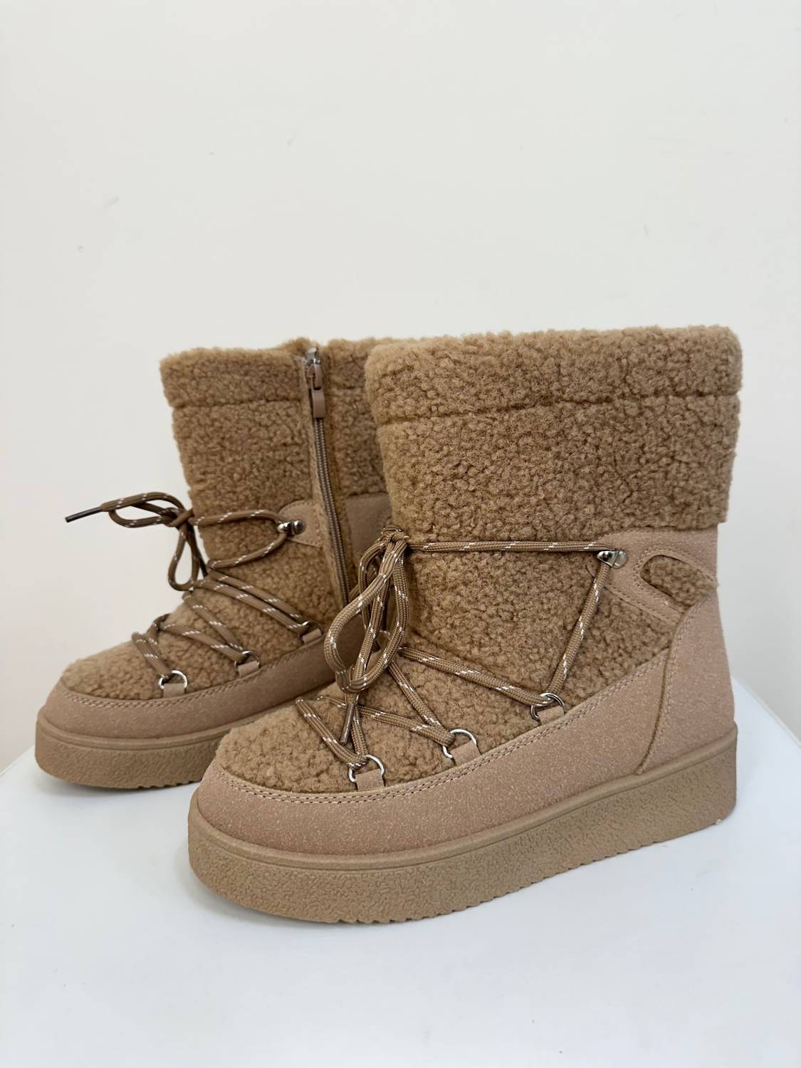 Ccocci - Women's Borg Fleece Furry Lace Up Snow Boots