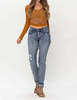 Judy Blue - Calça jeans estilo boyfriend com botões e botões de cintura média