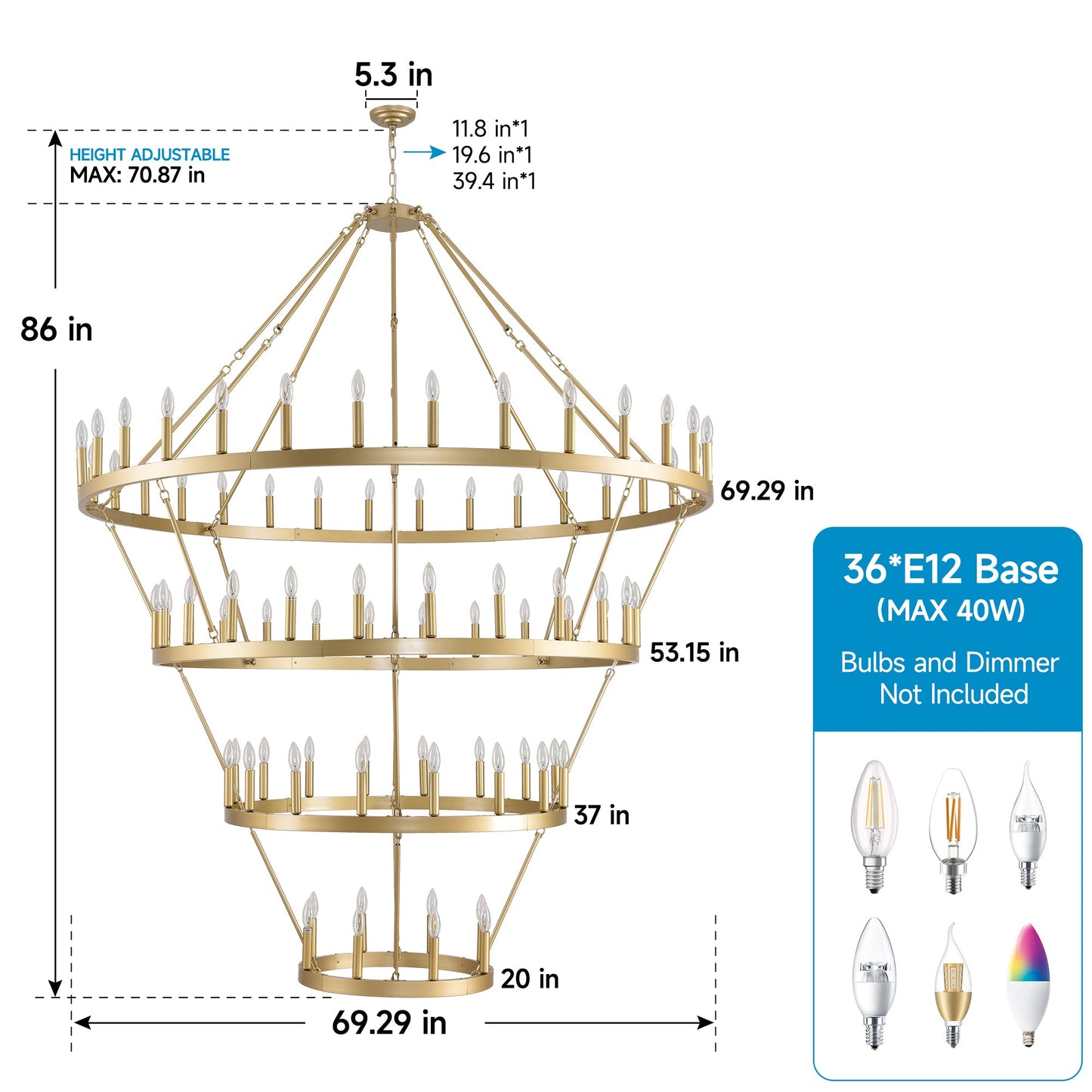 70.87 Inch 3-Tier Wagon Wheel Chandelier