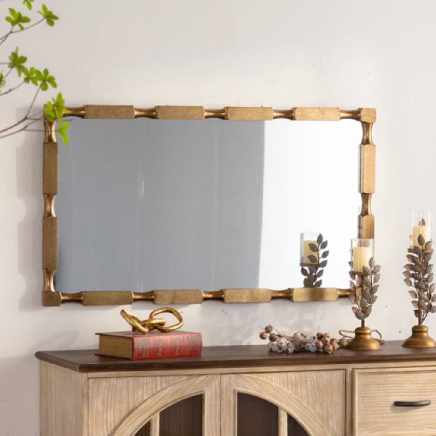 Gold Bamboo-Style Rectangular Wall Mirror, Textured Frame for Living Room/Bedroom/Entryway