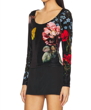 Alice + Olivia - Delaina Scoop Neck Long Sleeve Velvet Top