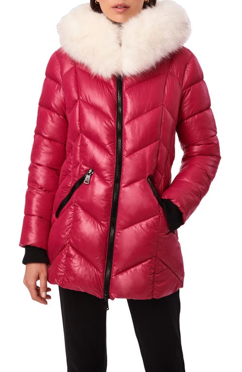 Bernardo Cire Quilted Hooded Parka with Faux Fur Trim in Beetroot, Size Medium