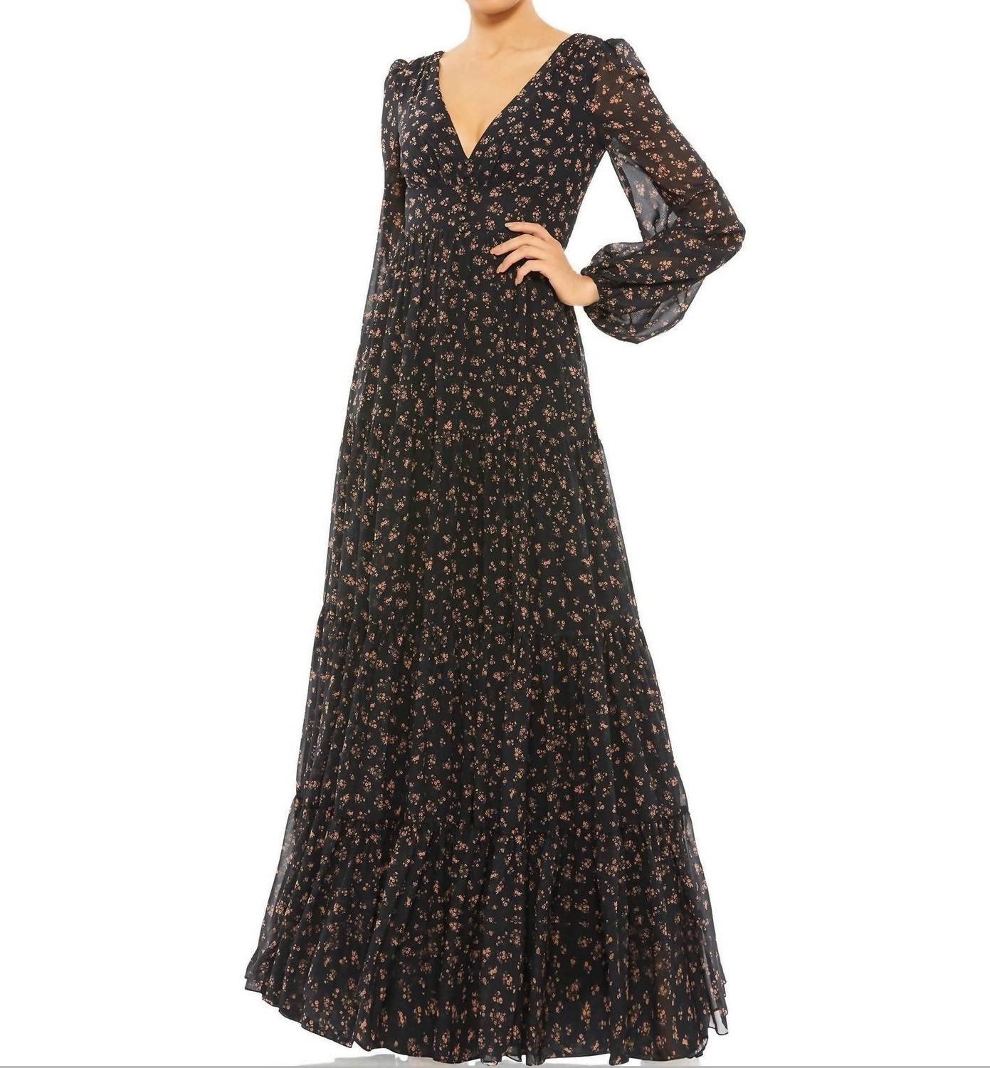 Ieena For Mac Duggal - Floral Ruffles Tiered Long Sleeve Maxi Dress