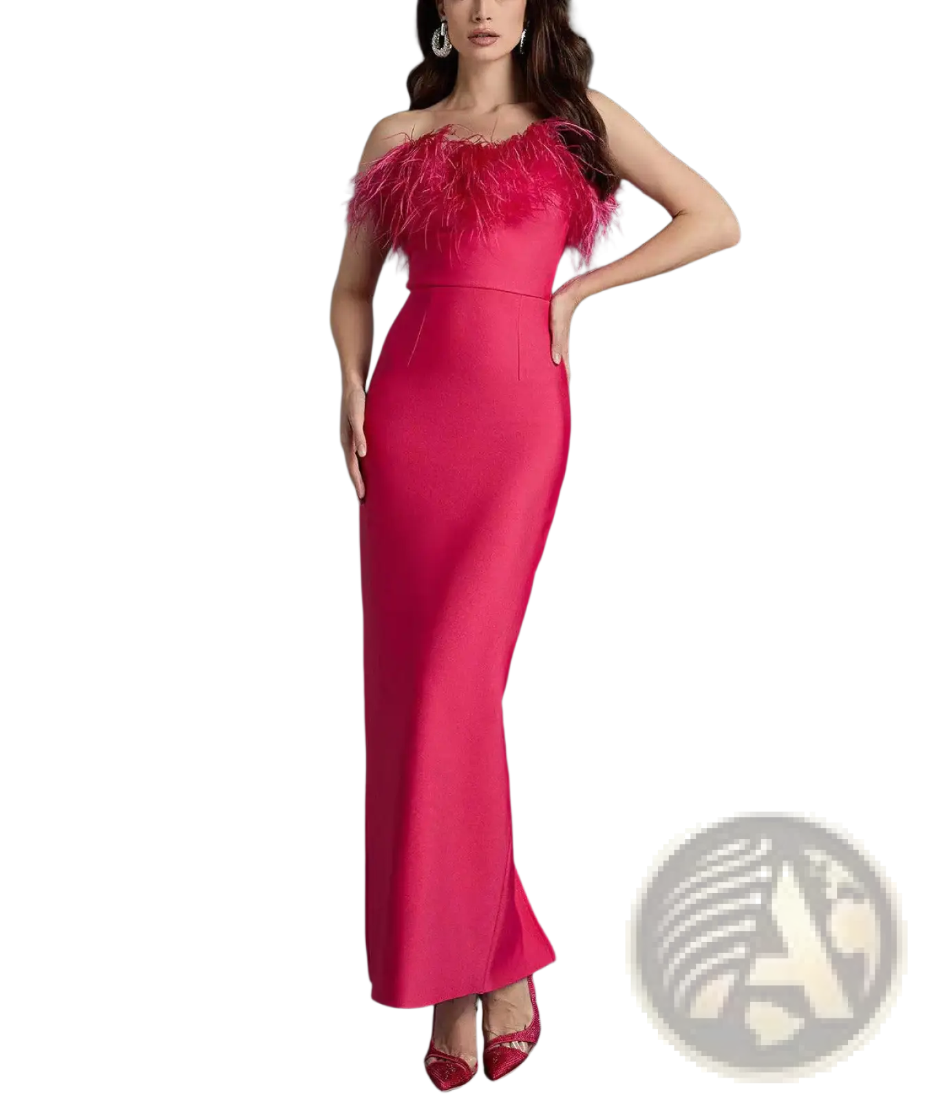 Feathered Satin Strapless Mermaid Evening Gown