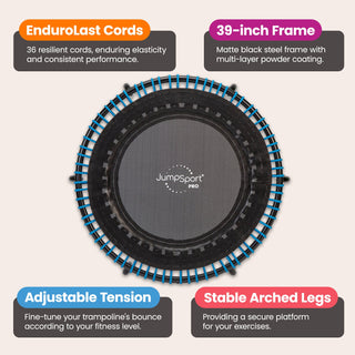 Trampolim de fitness JumpSport 350 PRO de 39 polegadas com cordões elásticos EnduroLast azuis