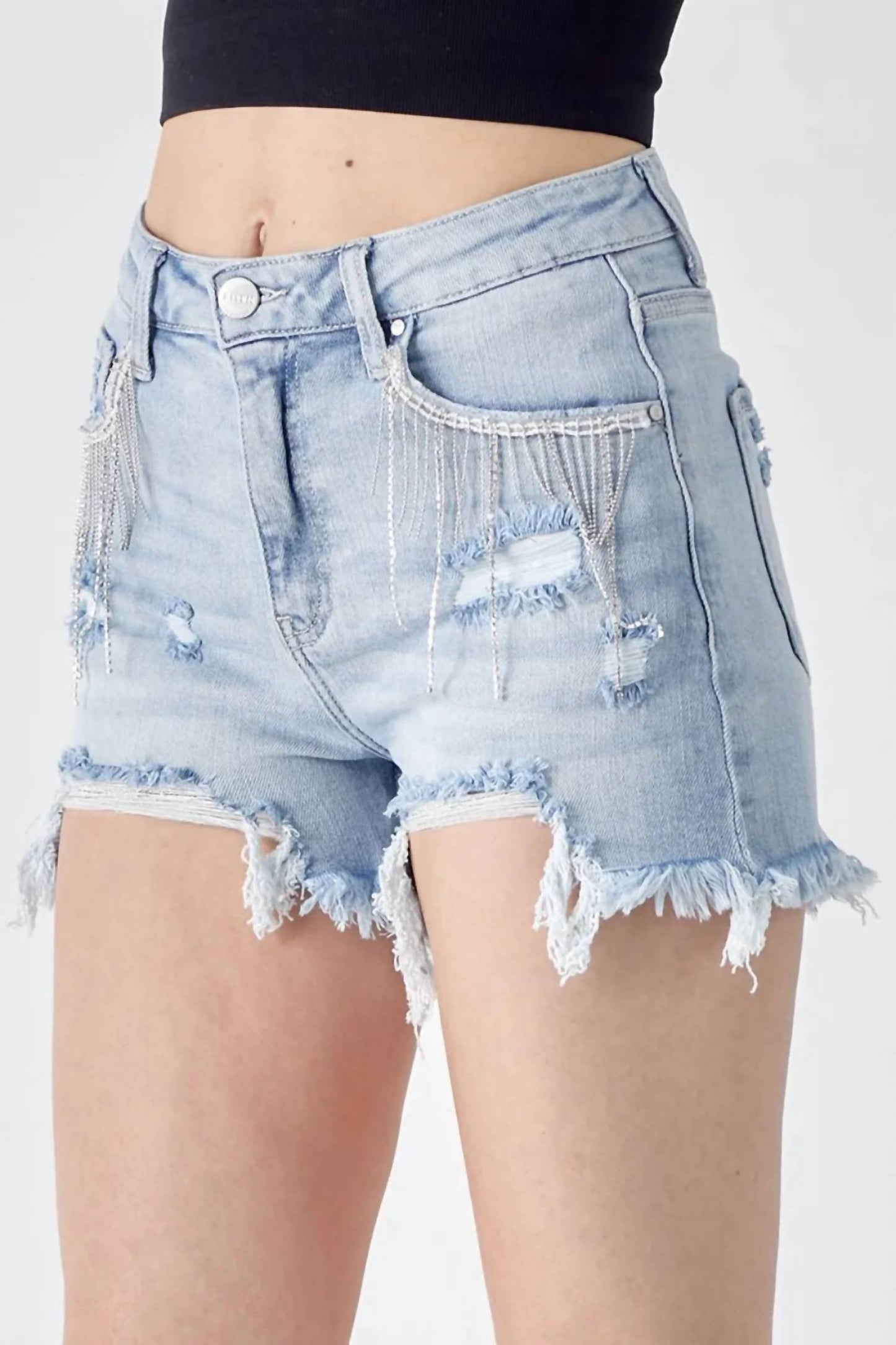 Risen - Frayed Hem Denim Shorts With Fringe Detail Pockets