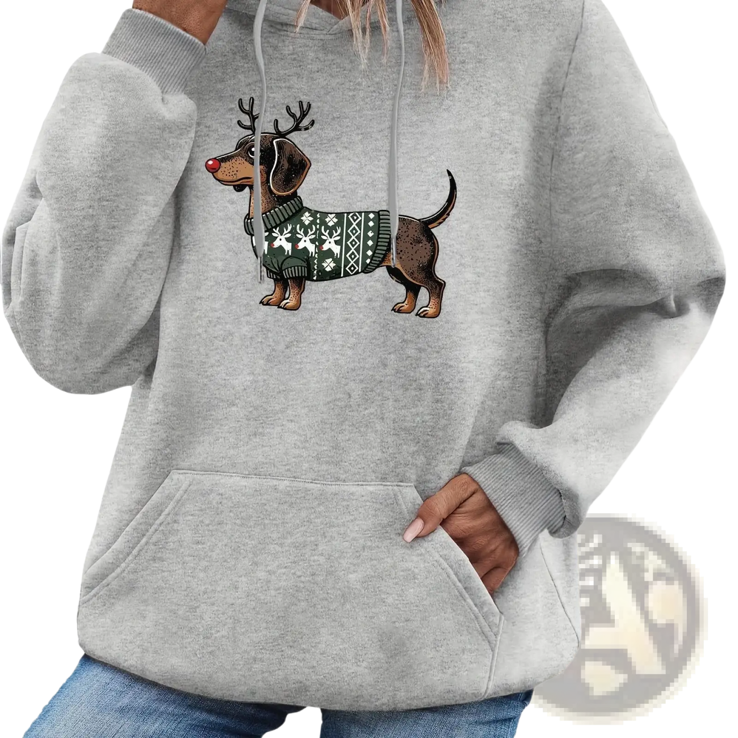 Festive Dachshund Reindeer Graphic Oversized Hoodie