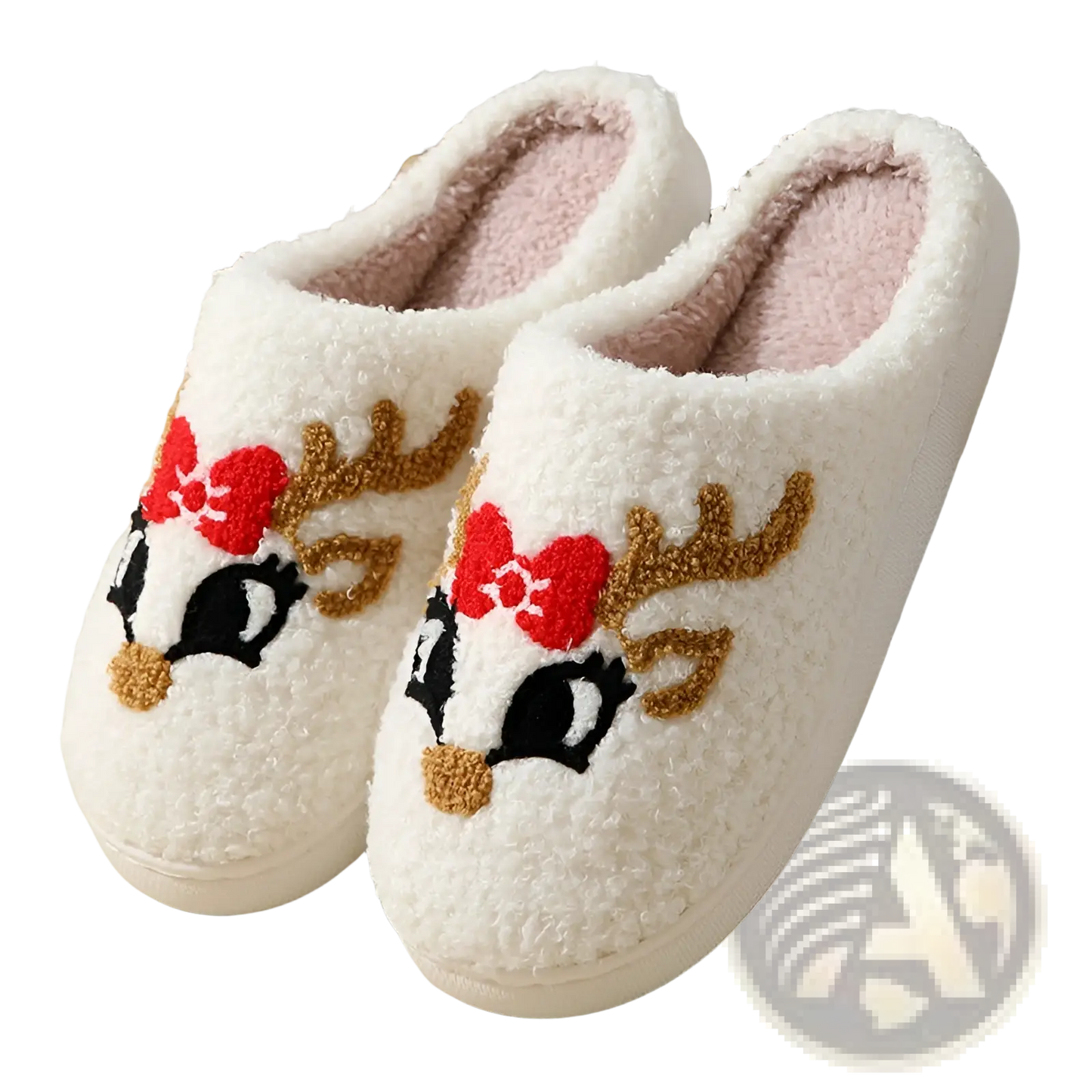 Festive Embroidered Santa and Reindeer Winter Slippers