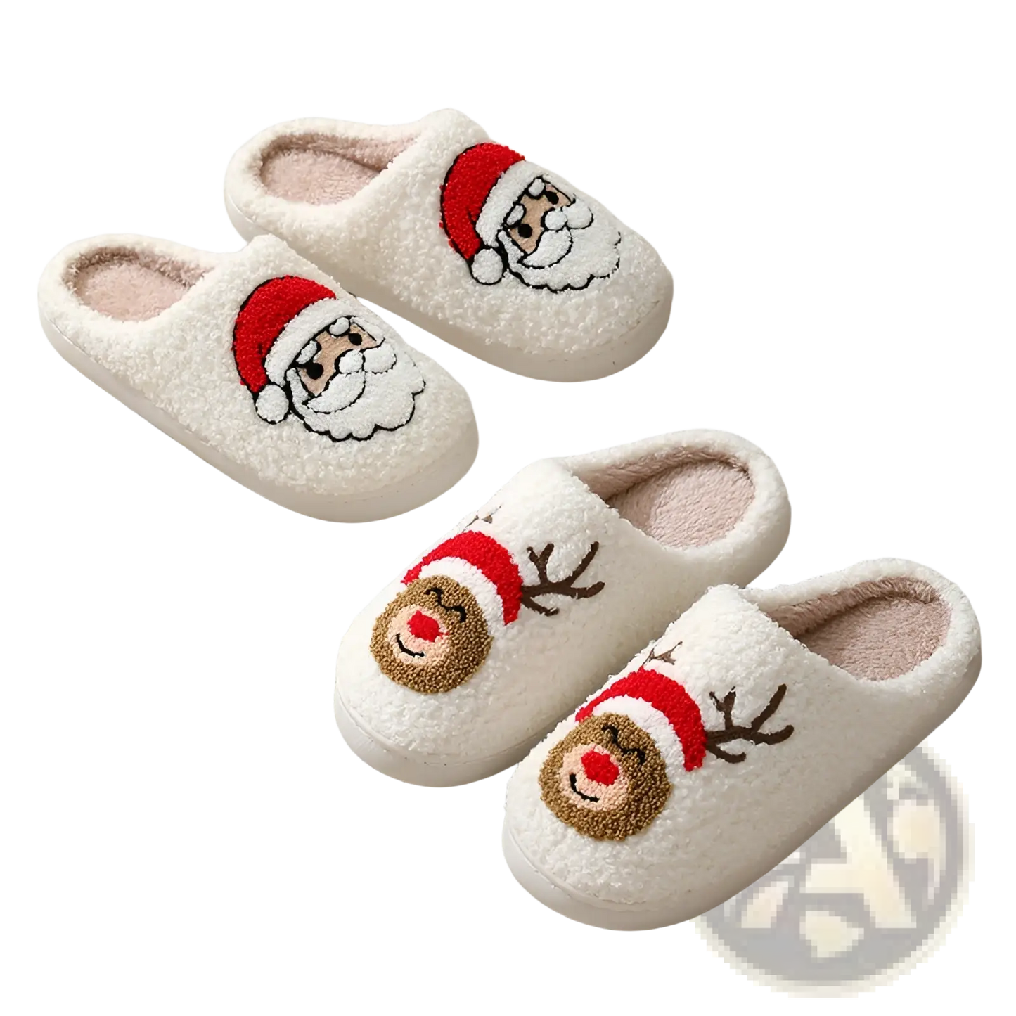 Festive Embroidered Santa and Reindeer Winter Slippers