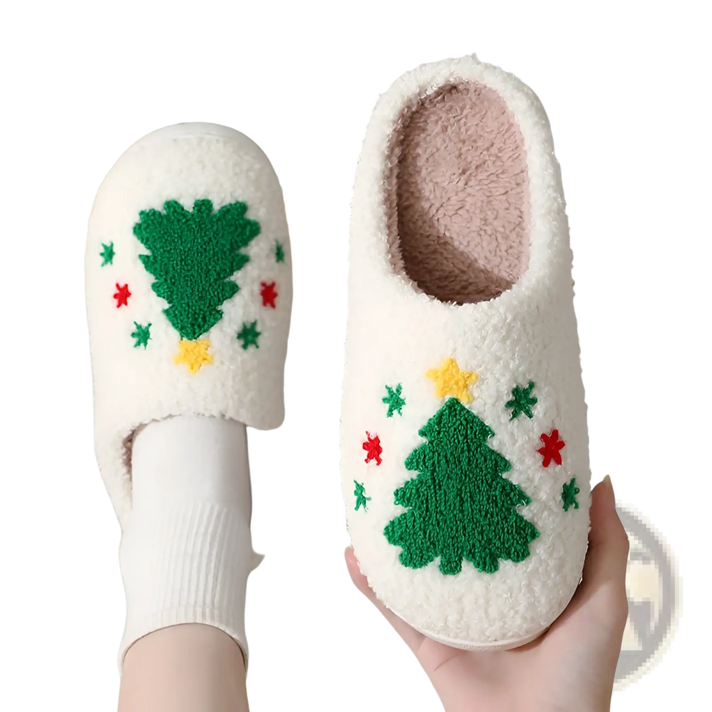 Festive Embroidered Santa and Reindeer Winter Slippers