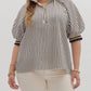 Entro - Stripe Pattern Half-zip Closure Short Puff Sleeve Top