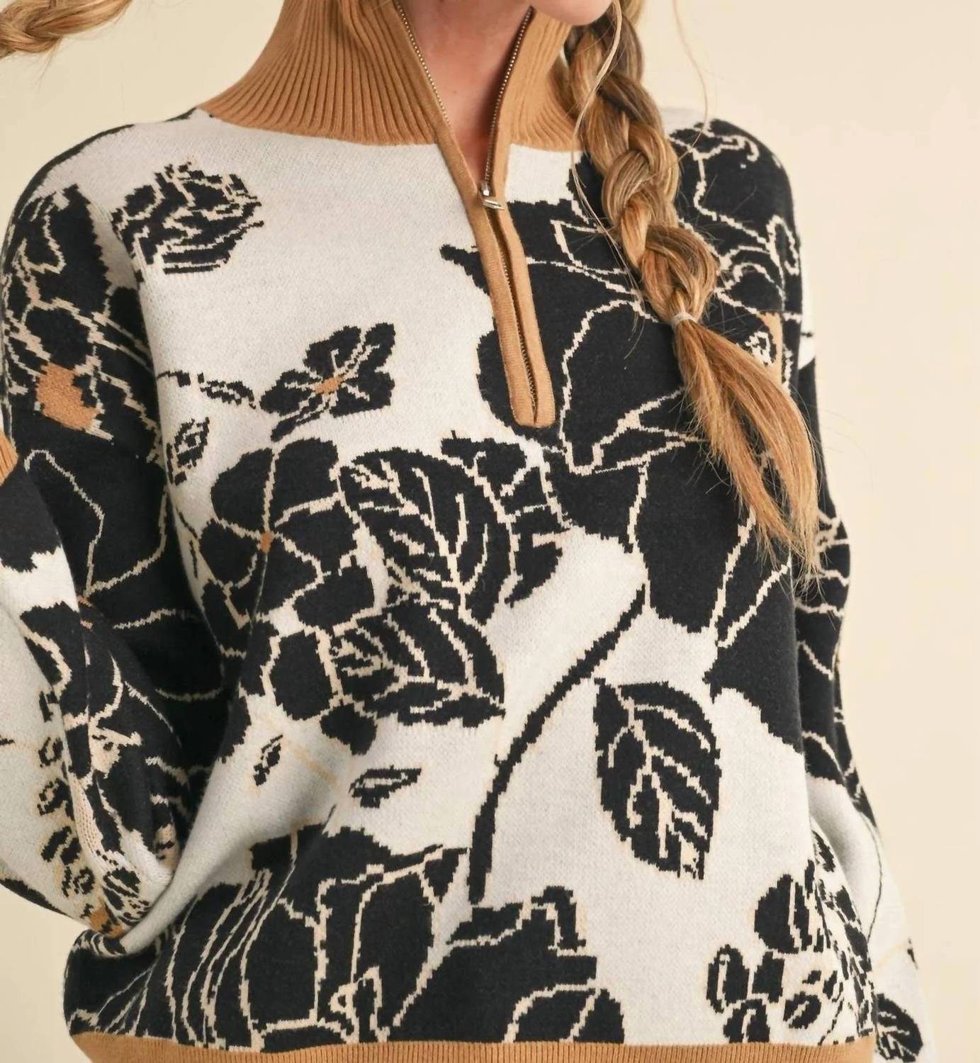&Merci - Floral Knit Mock Neck Half Zip Pullover