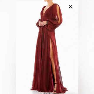 Mac Duggal - Vestido de chiffon com decote em V e corte A, punhos com contas