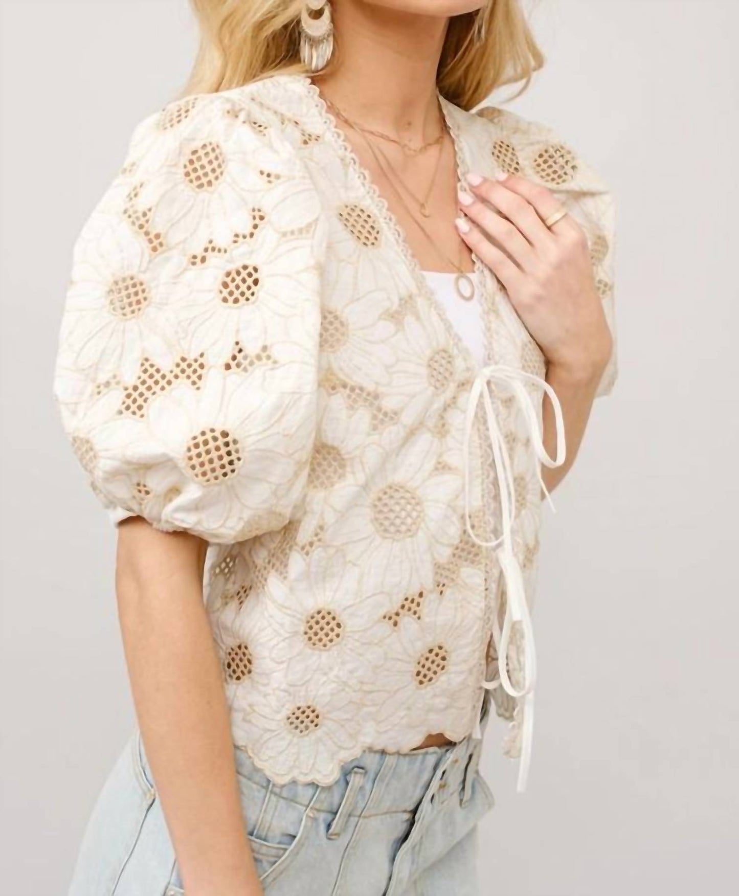 Blue B - METALLIC EMBROIDERED TIE FRONT SCALLOP HEM TOP