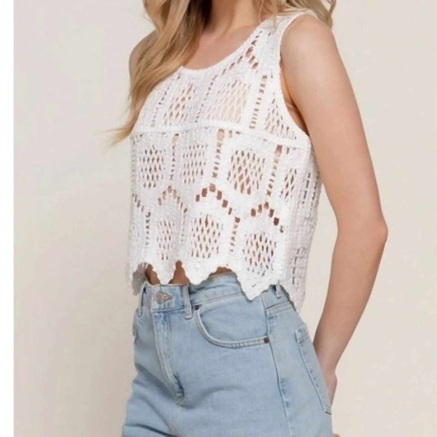 Active Basic - Sleeveless Round Neck Cotton Crochet Crop Tank Top