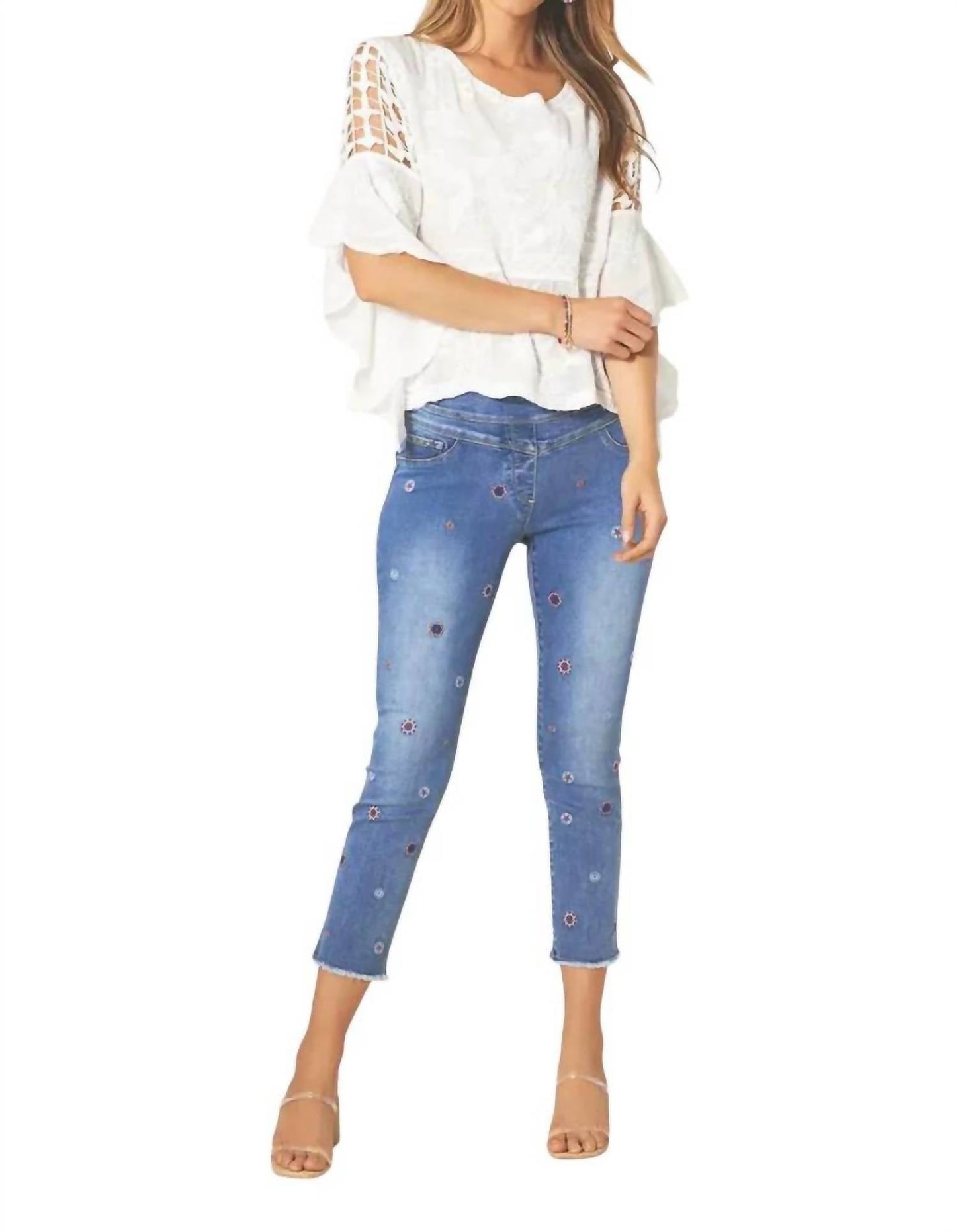 Coco + Carmen - Asra Tummy Control Embroidered Denim Capris