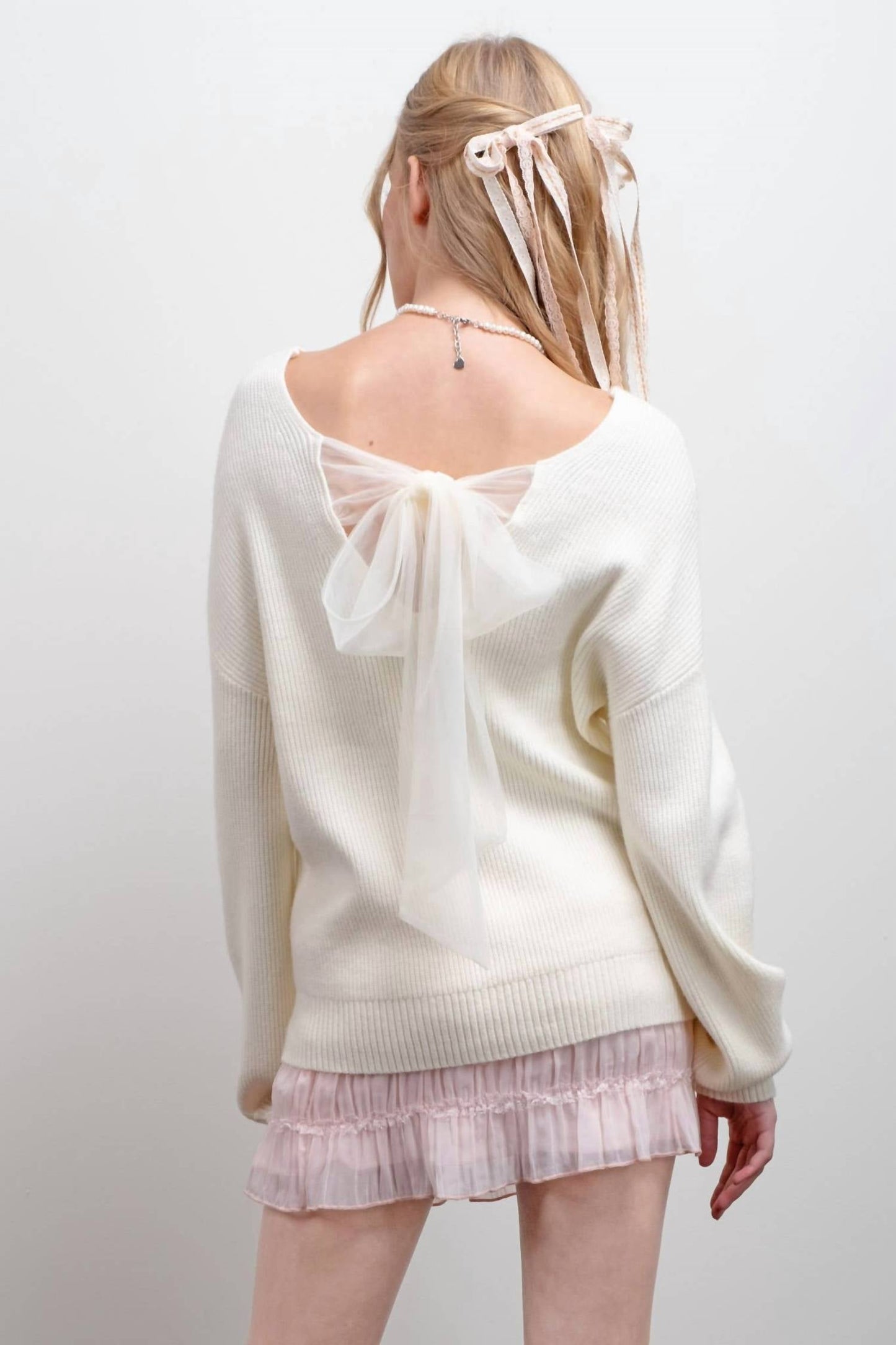 Blu Pepper - V Neck Drop Shoulder Back Bow Tie Detail Sweater