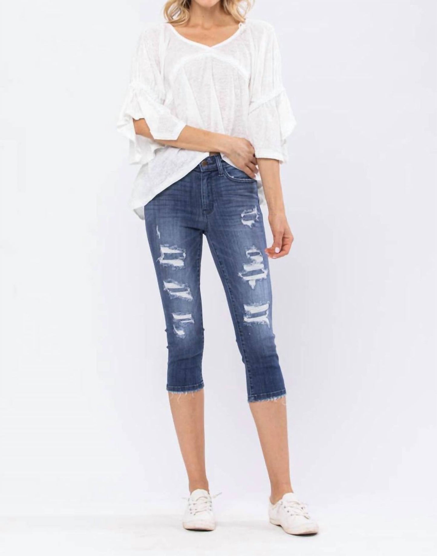 Judy Blue - Mid-rise Contrast Patch Skinny Capri Jeans - Plus Size
