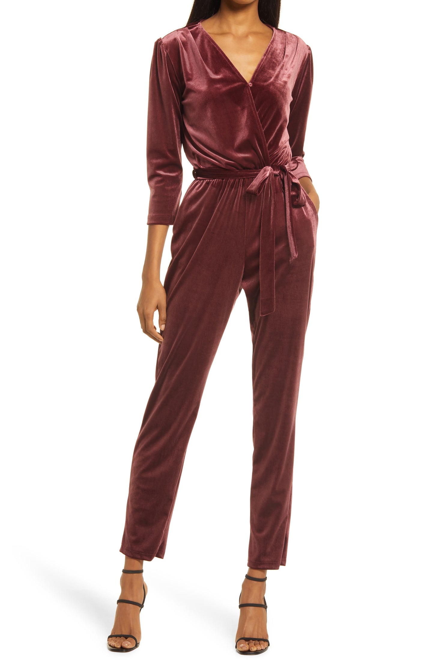 Fraiche by J Velvet Tie Waist Jumpsuit in Berry, Size Medium