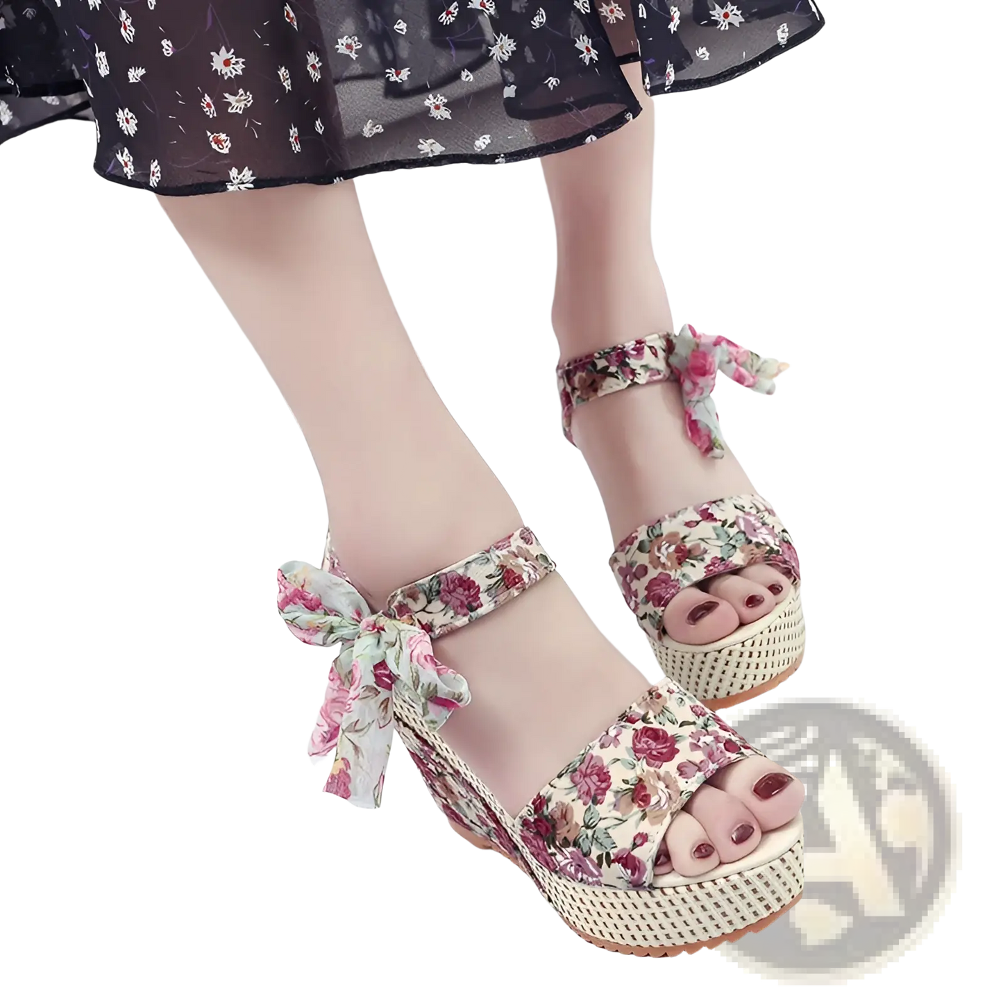 Floral Bohemian Platform Wedge Sandals with Ankle Ties