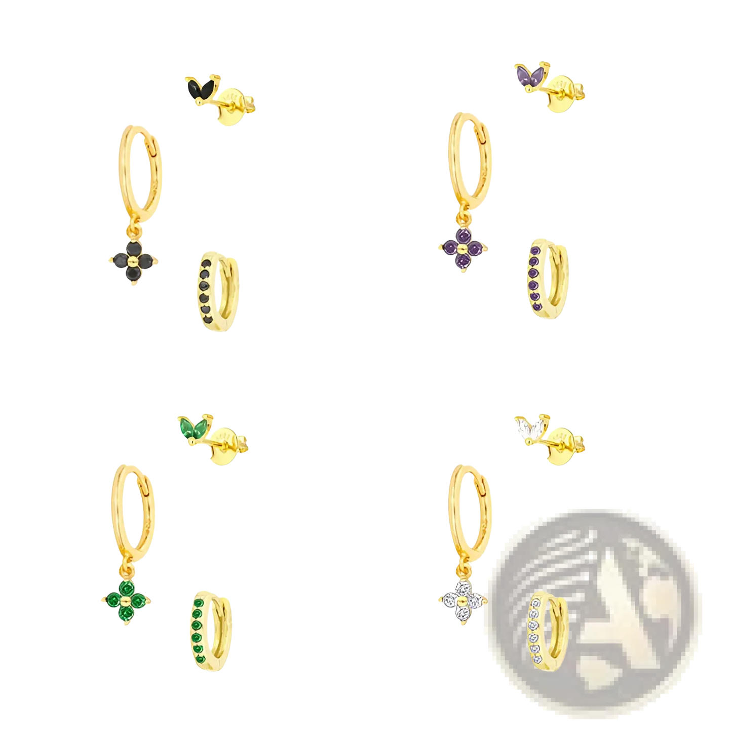 Floral and Butterfly Gold Hoop Earring Set with Gemstones