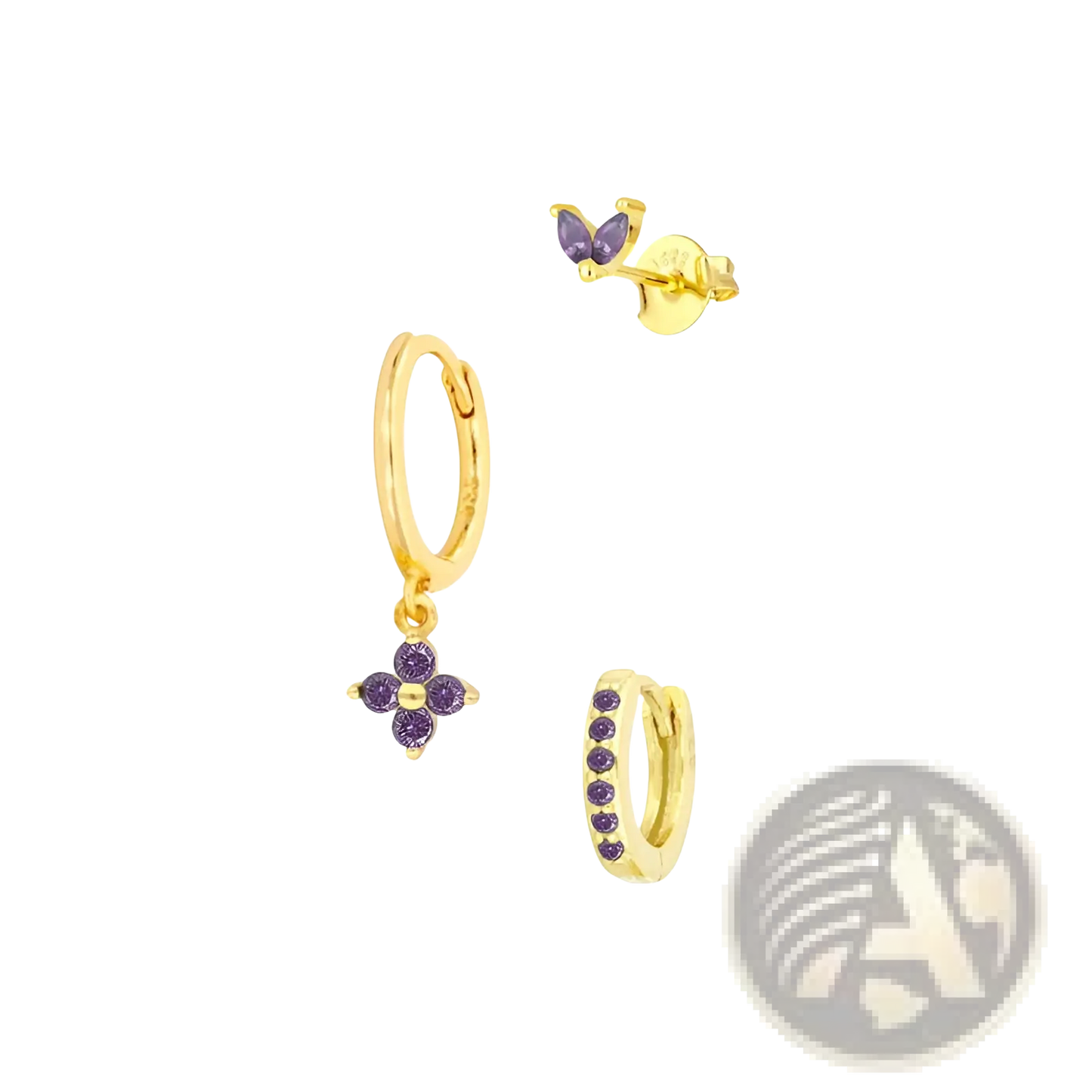 Floral and Butterfly Gold Hoop Earring Set with Gemstones
