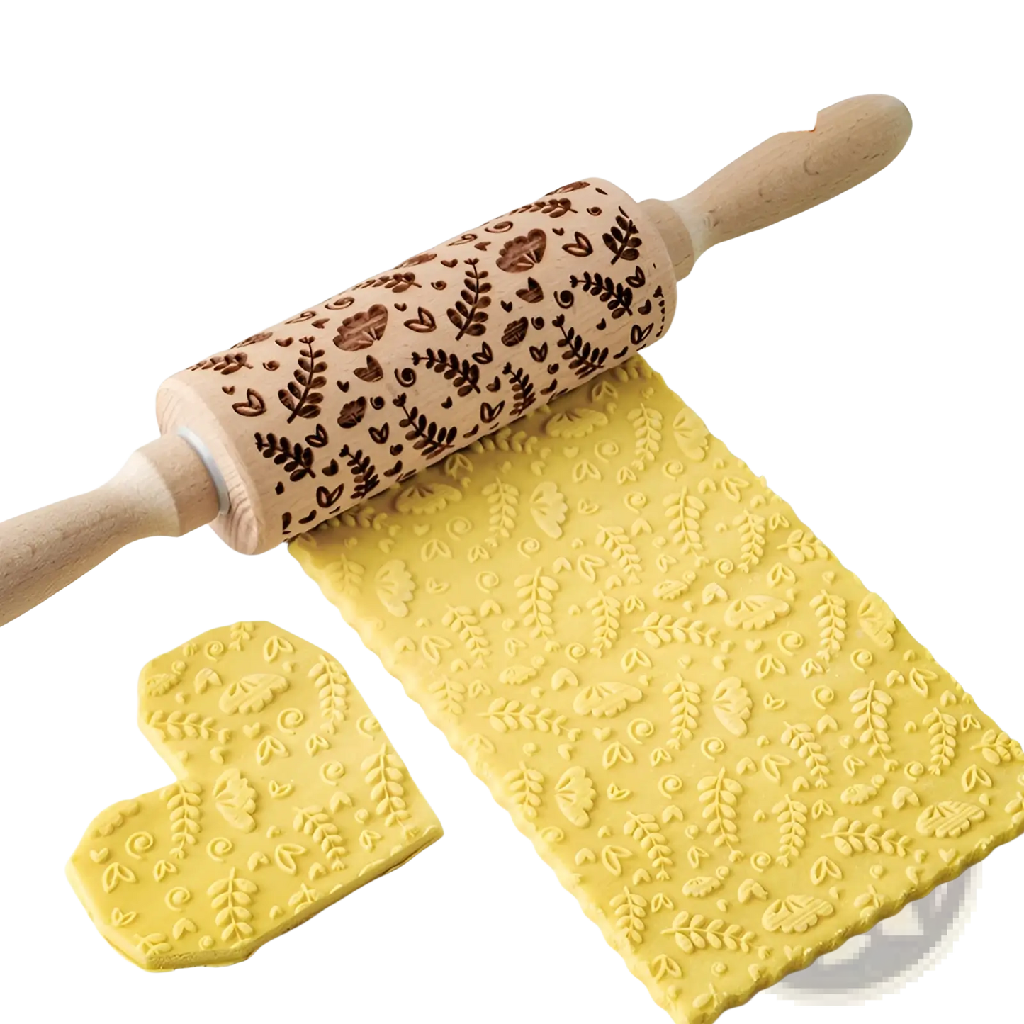 Floral Embossed Beech Wood Rolling Pin for Baking