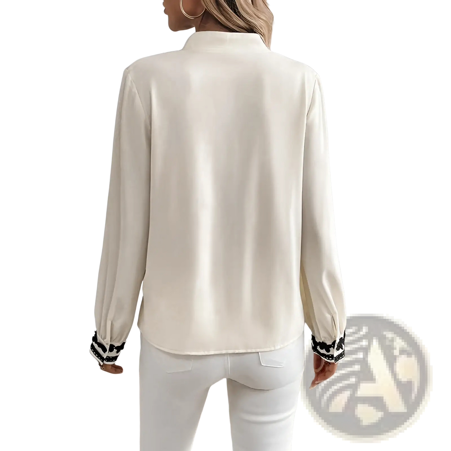 Floral Embroidered Long Sleeve Cream Blouse with Lace Trim