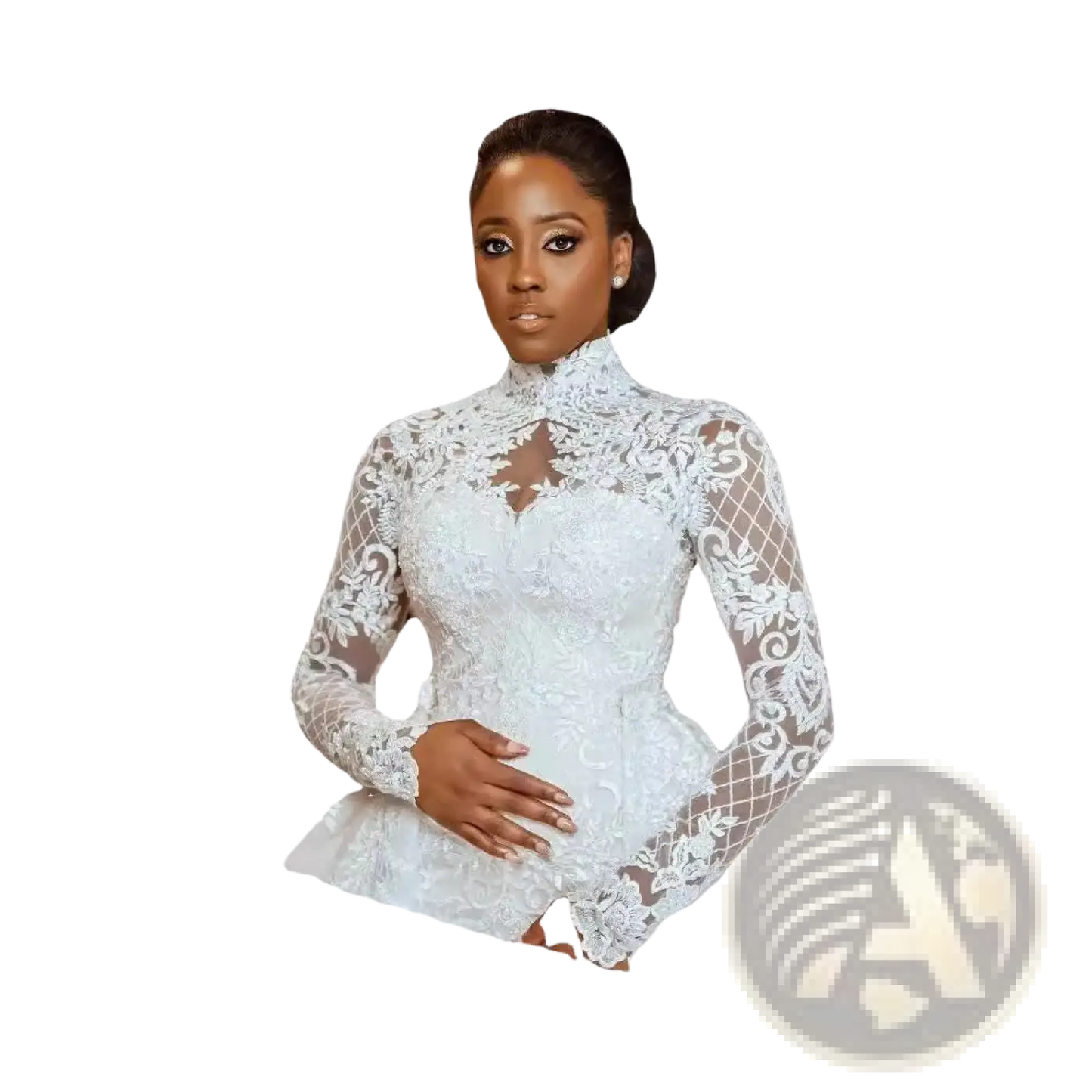 Floral Lace Stand Collar Long Sleeve Wedding Gown