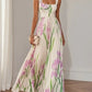 Floral Iris Pleated Square Neck Maxi Dress