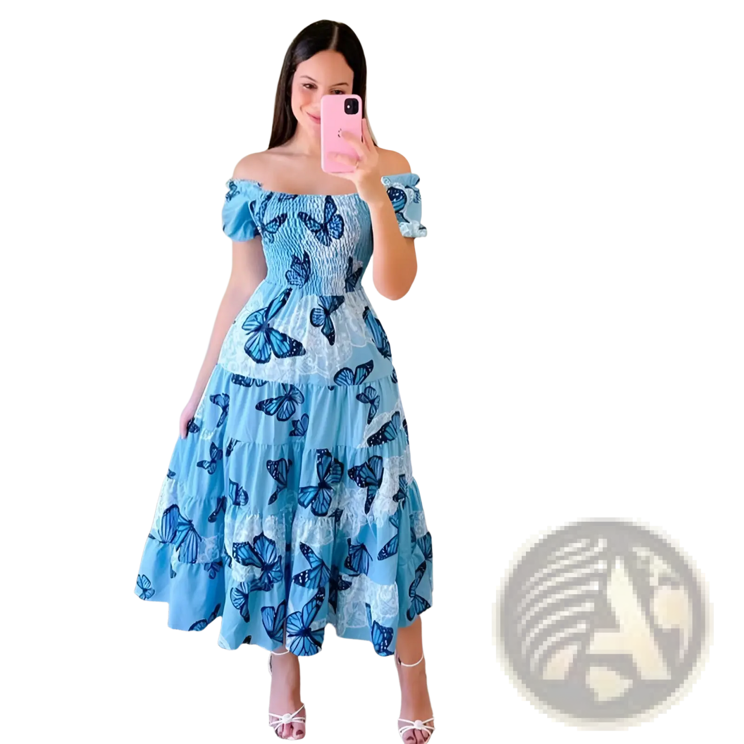 Floral Print Smocked Tiered Midi Dress with Square Neckline
