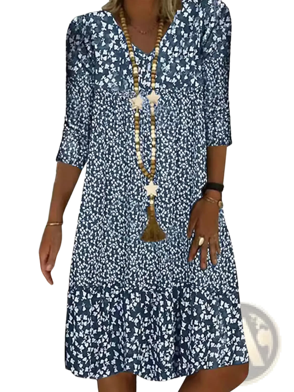 Floral Print v Neck Three Quarter Sleeve Midi Dress