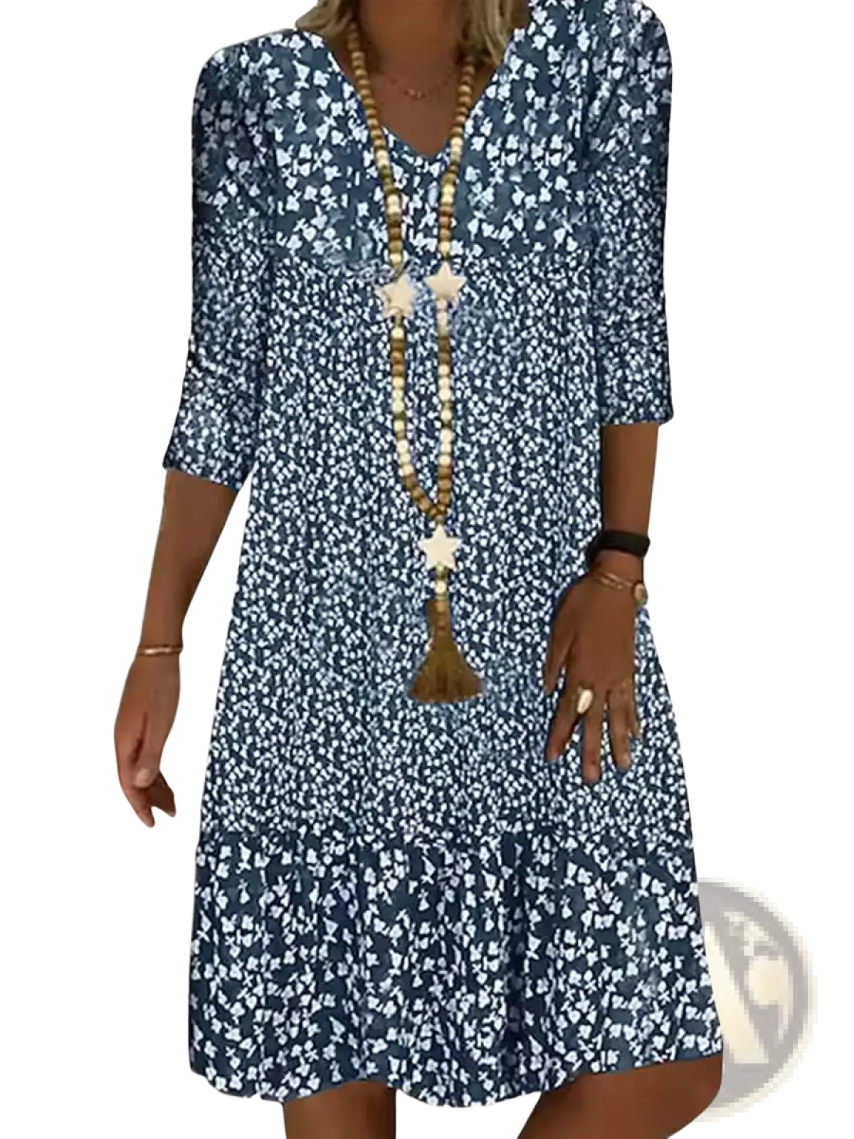 Floral Print v Neck Three Quarter Sleeve Midi Dress