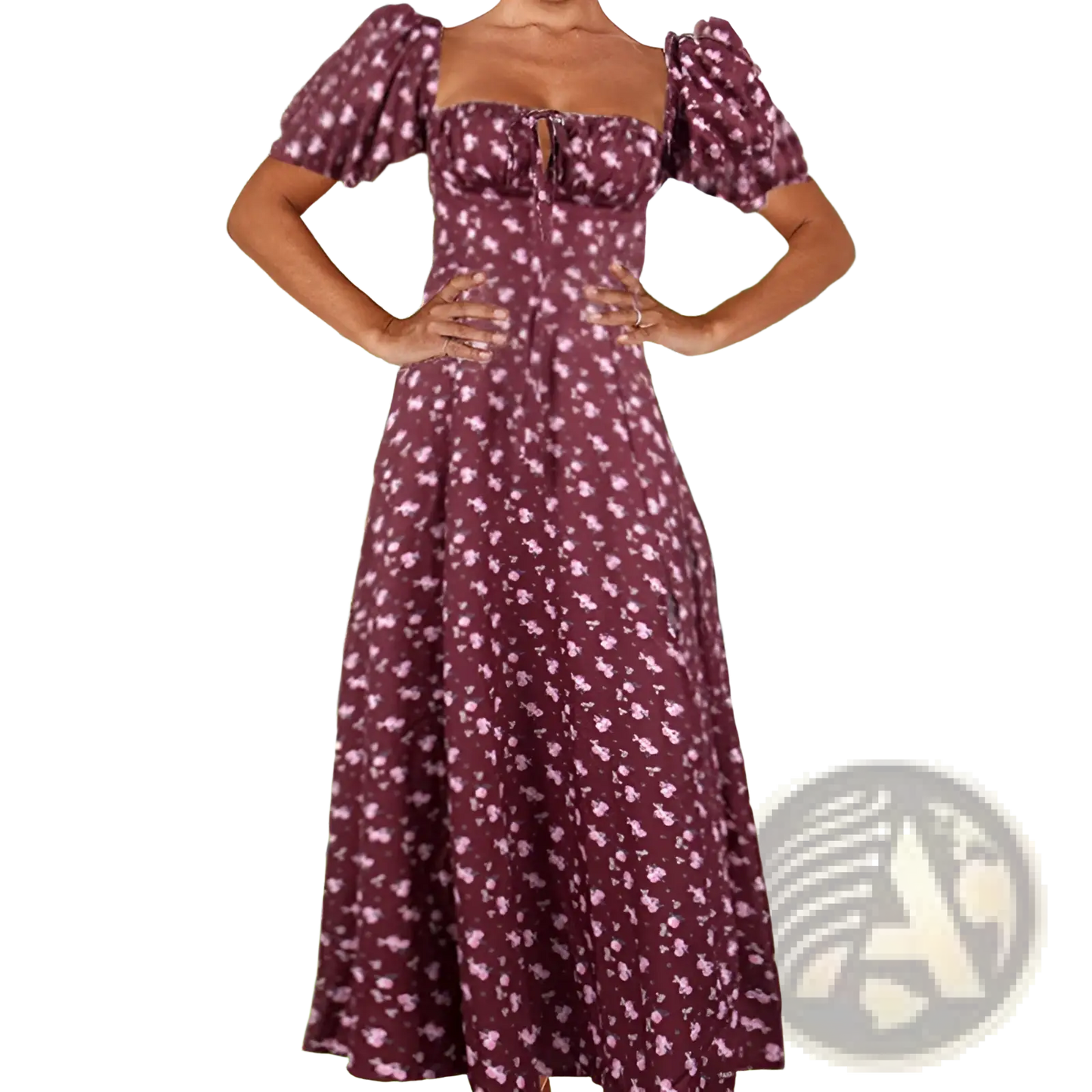 Floral Square Neck Puff Sleeve Midi Slit Dress