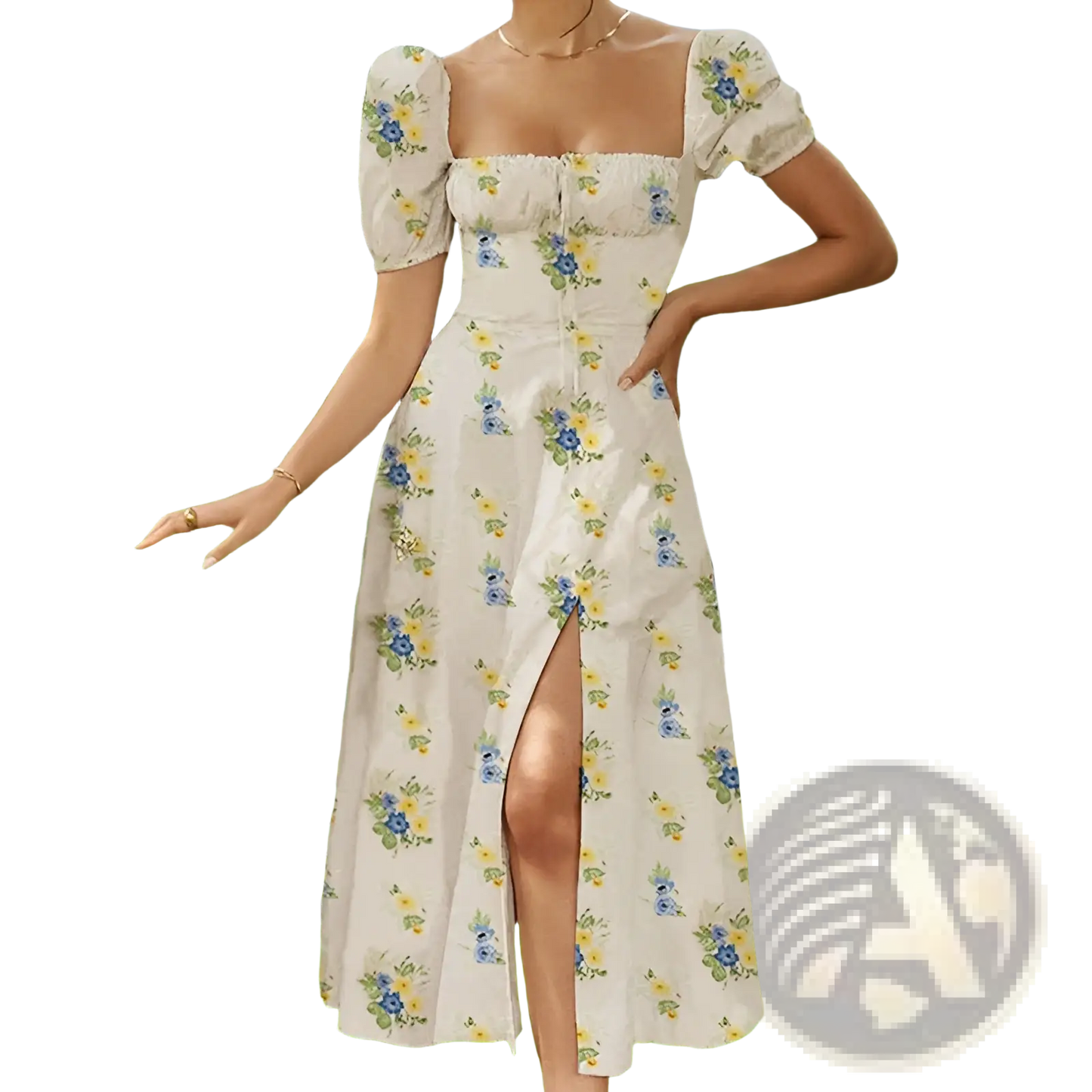 Floral Square Neck Puff Sleeve Midi Slit Dress