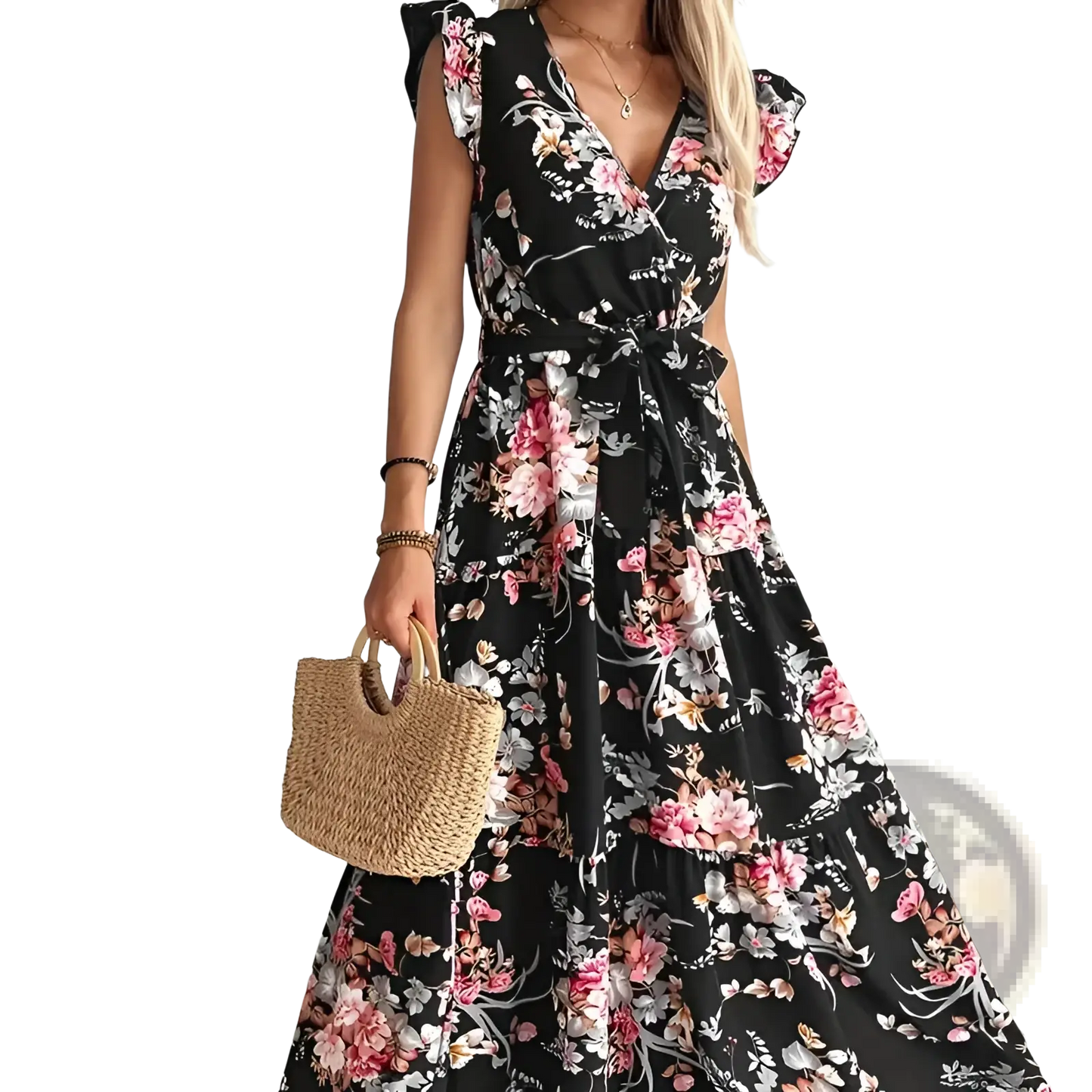 Floral v Neck Ruffled Maxi Dress with Belted Waist