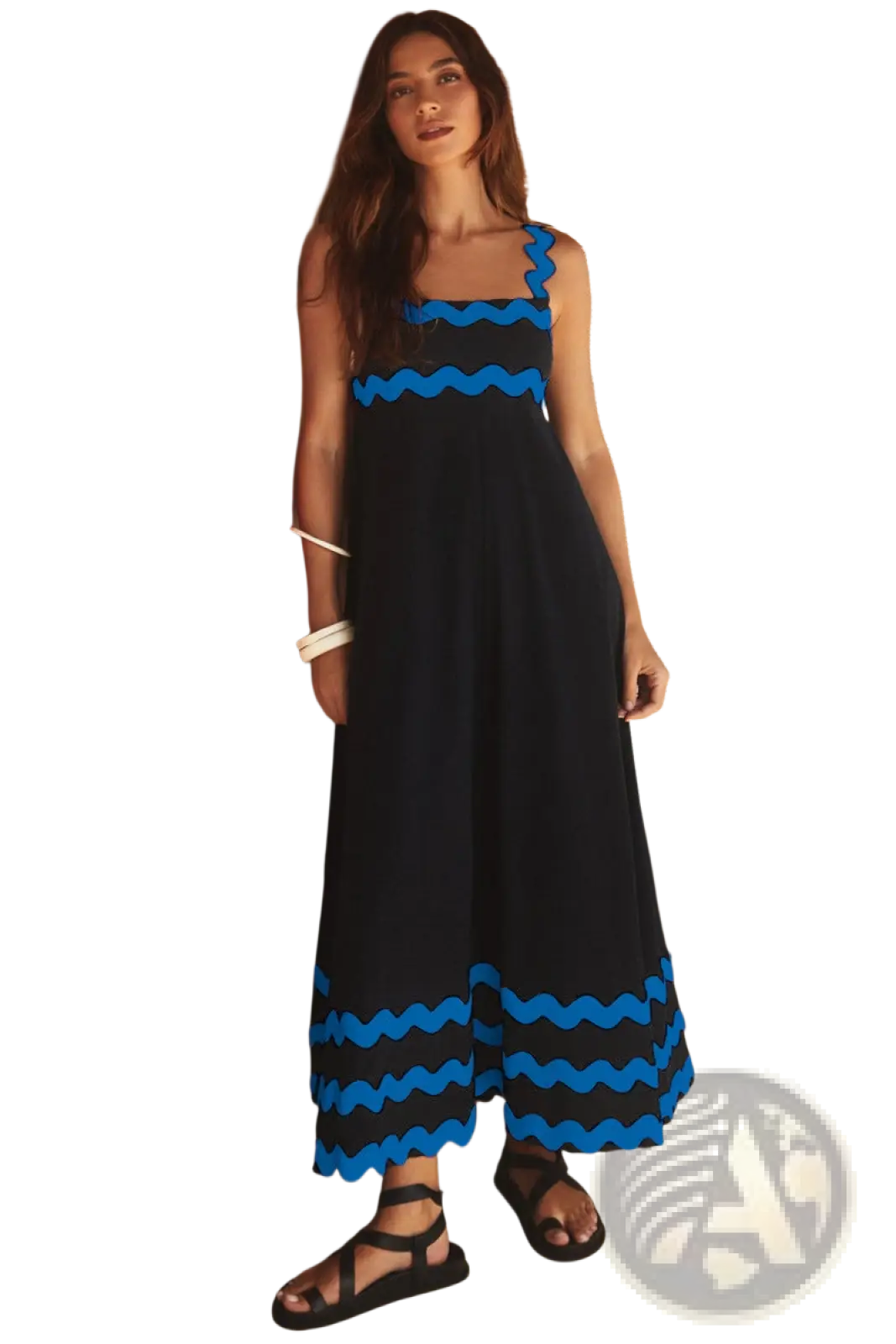 Floral Wavy Trim A-line Beach Maxi Dress