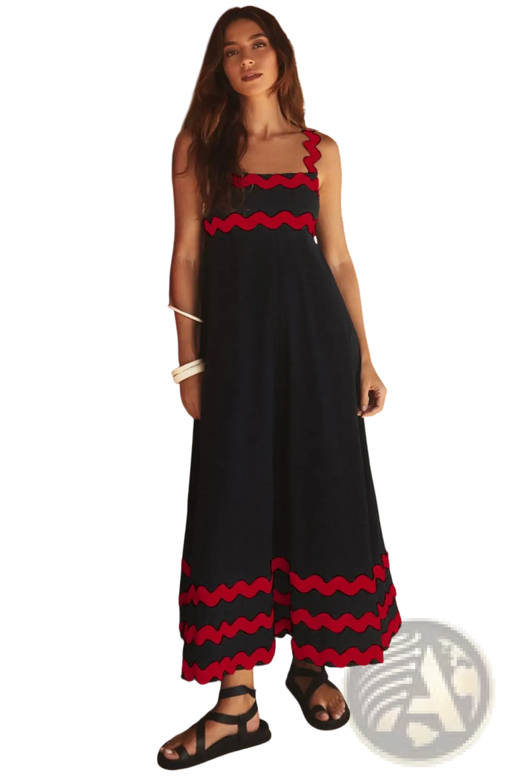 Floral Wavy Trim A-line Beach Maxi Dress