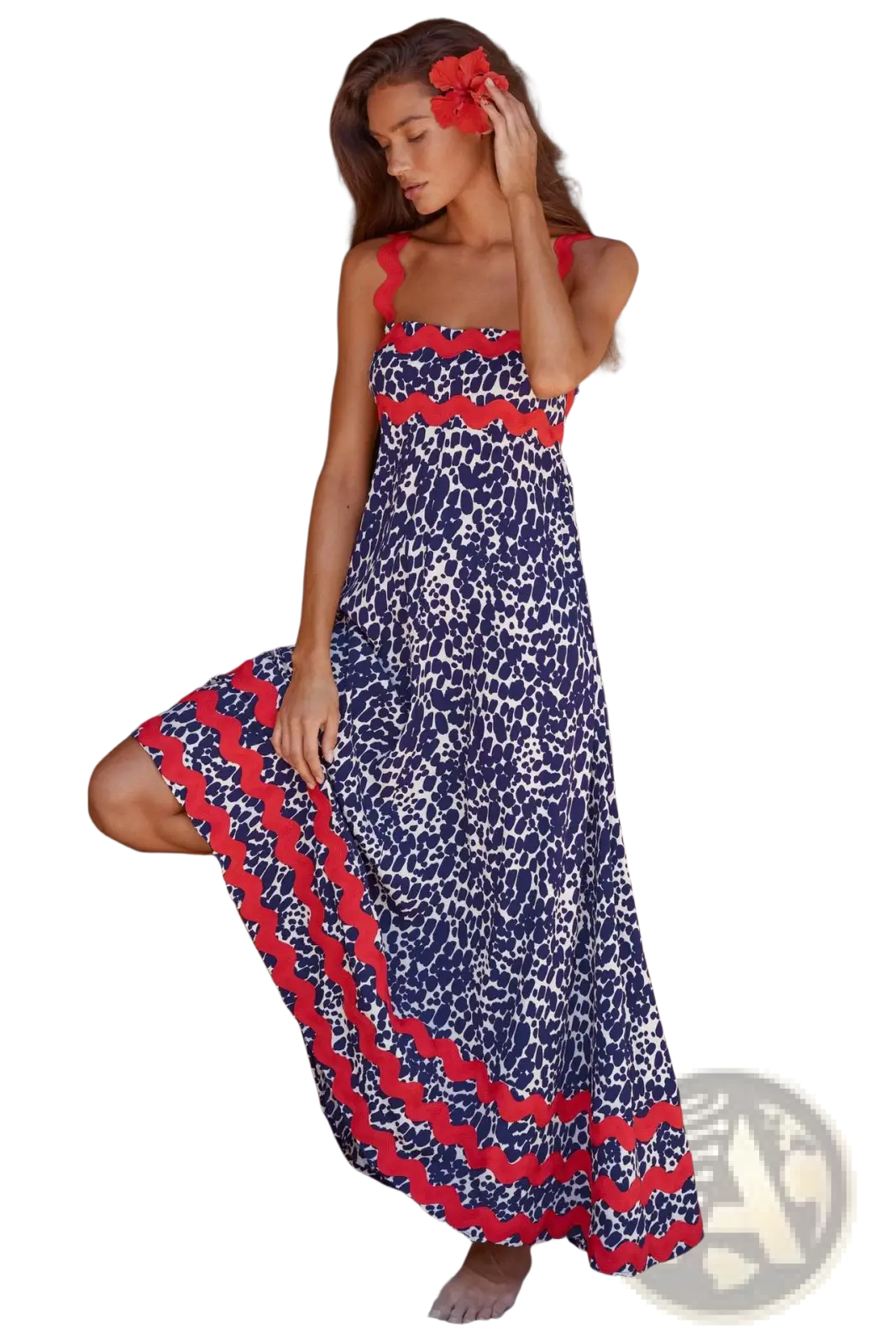 Floral Wavy Trim A-line Beach Maxi Dress